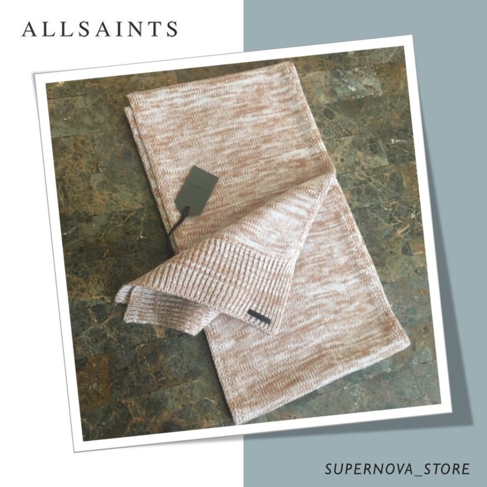 All Saints Ribbed Marled Almond Brown / Cappuccino White Scarf Wool Rectangular